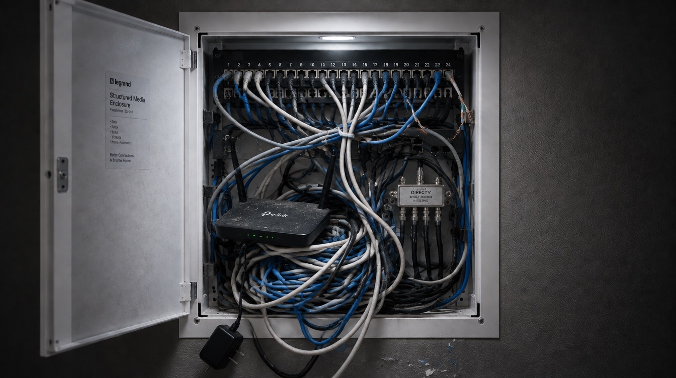 A typical builder-grade structured wiring closet: unlabeled cable tangled behind the panel.