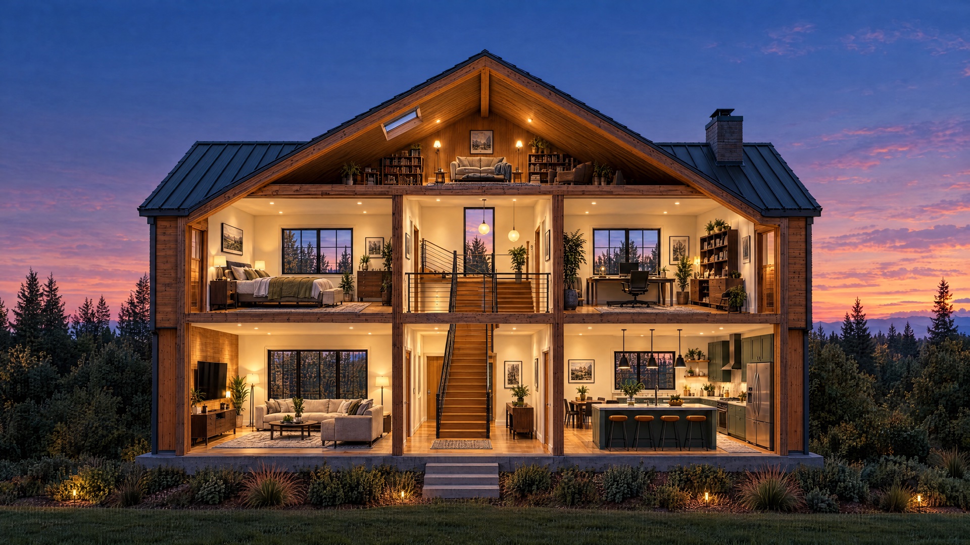 A two-storey Austin home shown in cut-away at dusk, finished and furnished.