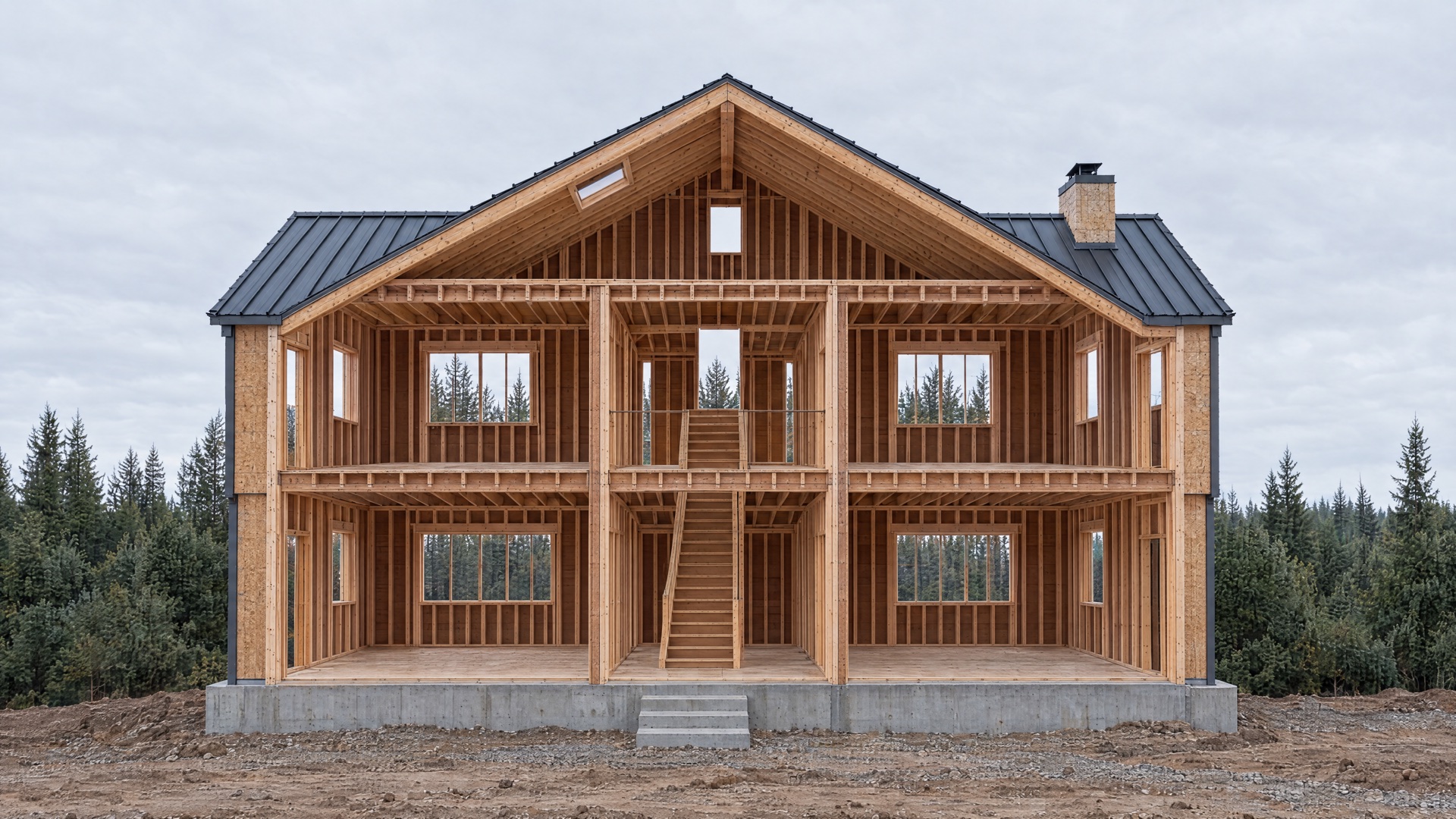The same house at the framing stage, stripped to open stud walls and floor joists.